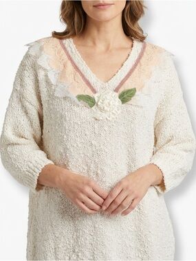Kathy White Womens Knit Sweater Lace Floral Applique Boho Cottagecore